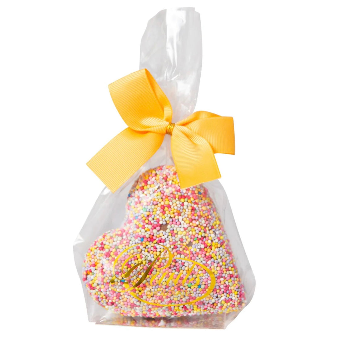 Belgian chocolate heart coated in 100s & 1000s in gift bag tied with ribbon