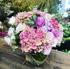 La Femme bouquet with pink flowers, roses, hydrangea, dahlias and delicate foliage